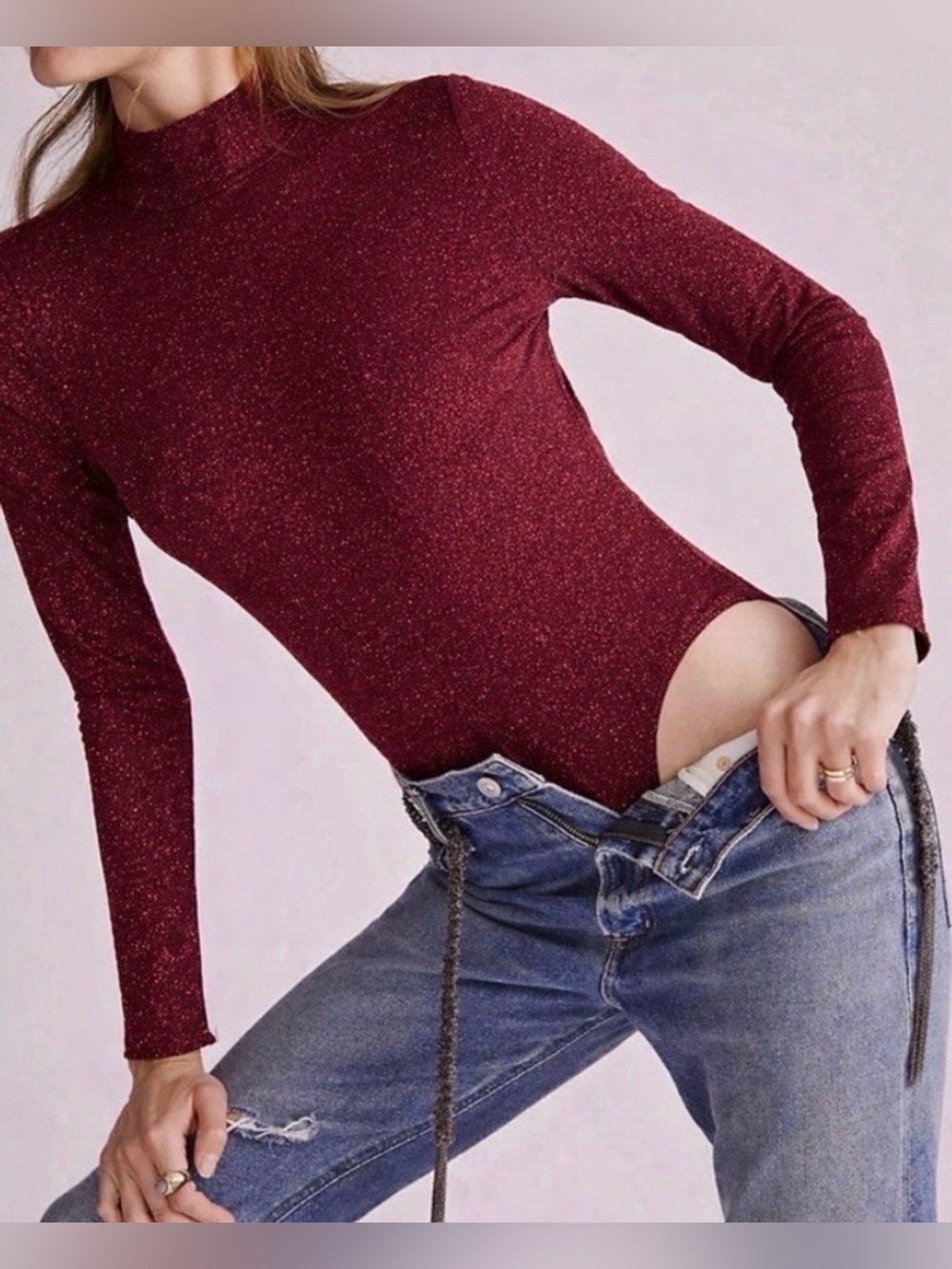 Anthropologie Shimmer Long-Sleeve Mock Neck Bodysuit - Burgundy